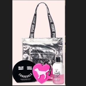 Victoria’s Secret Pink silver Tote bag pink spa beauty bundle sponge mask body